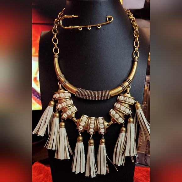 Vintage Stella & Dot Tribal White Leather Fringe 3 In 1 Necklace - Picture 1 of 9